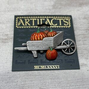 JJ Jonette Vintage Halloween Pumpkin Pin Brooch Fall Harvest Wheelbarrow